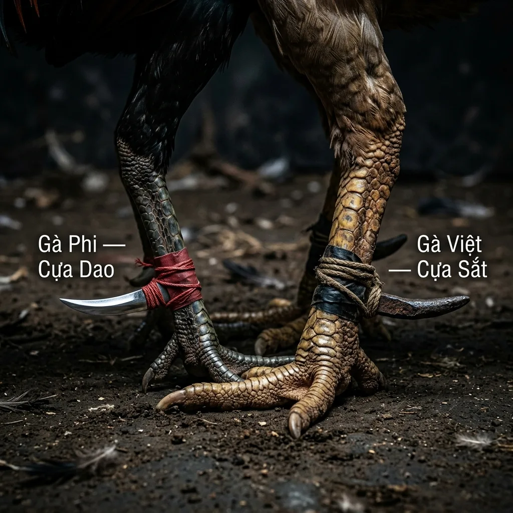 Kiểm tra cựa đá gà BH79 — Sư kê đang kiểm tra cựa cho gà chiến trước giờ thi đấu