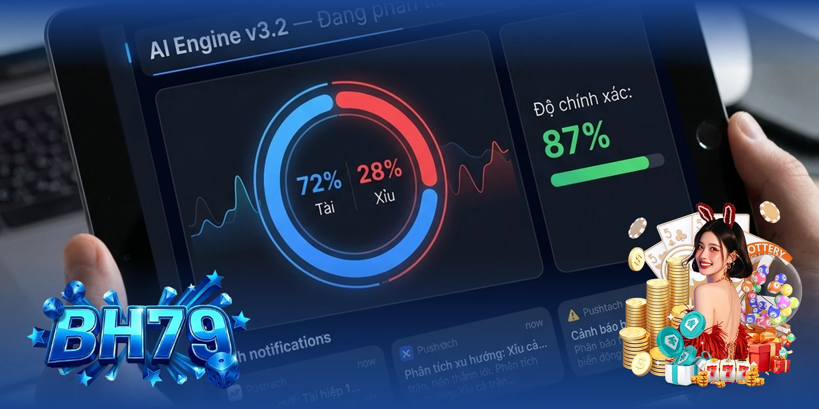 Tính năng phân tích thống kê AI trên iOS BH79 — biểu đồ phân tích xác suất thời gian thực