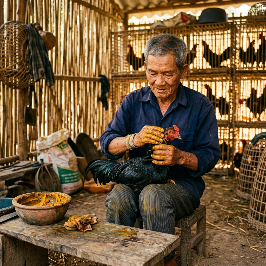 Cách chăm sóc gà đá tại BH79 — Sư kê đang om bóp nghệ cho gà chiến dòng Long Bình